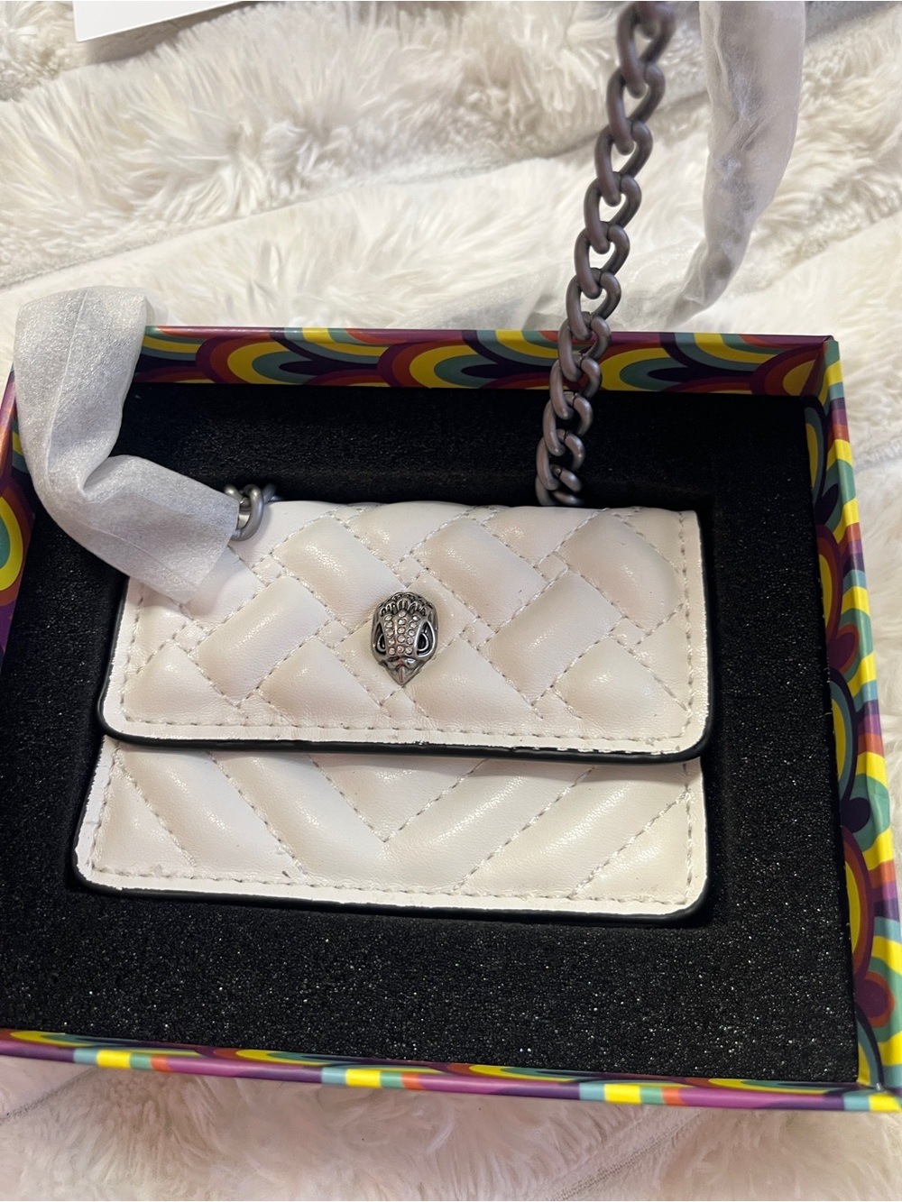 Kurt Geiger White Quilted Mini Chain Shoulder Bag with Silver Skull Accent